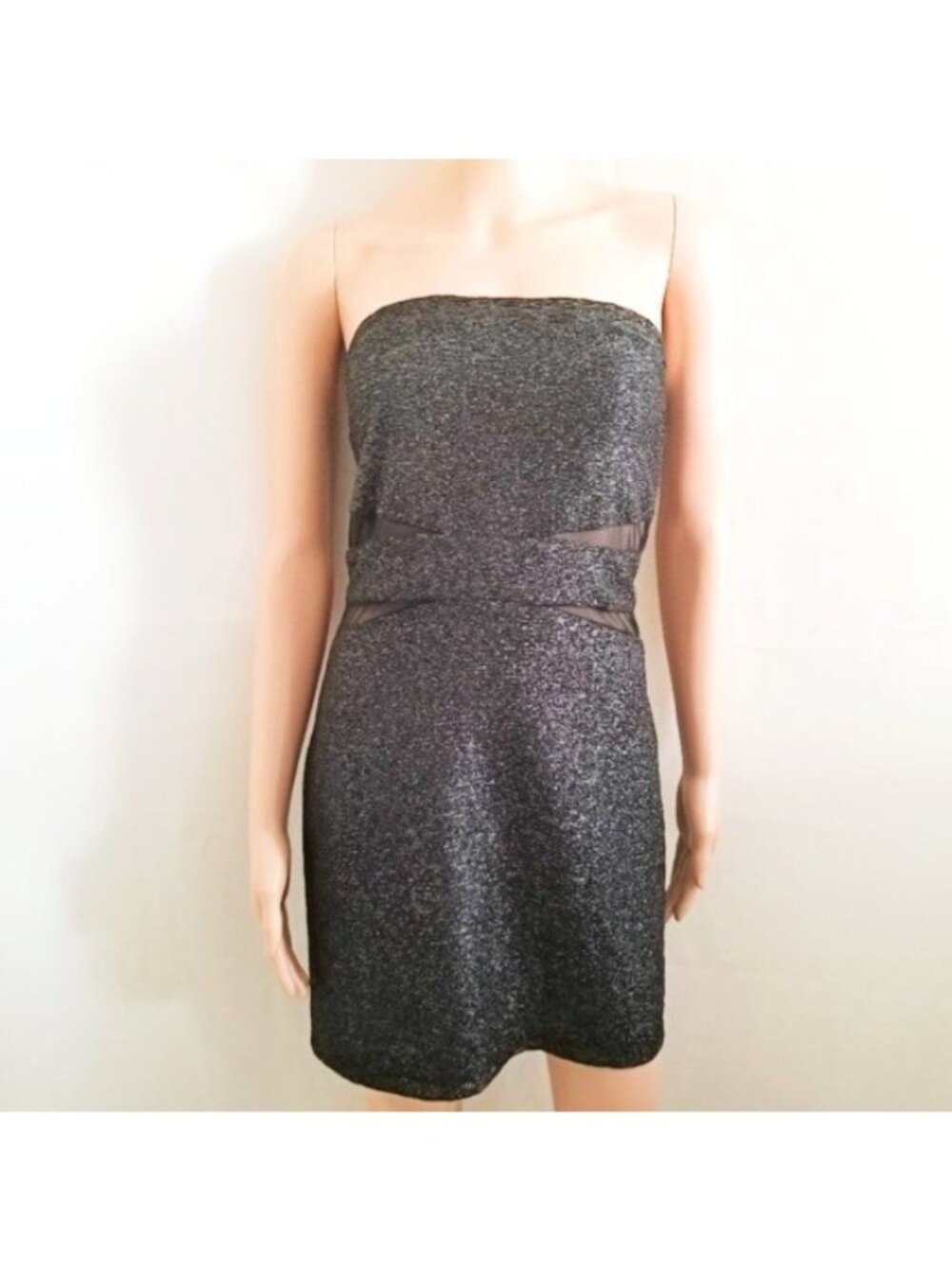 Speechless Black Strapless Glittery Mesh Panels Bodycon Mini Dress Women's Large - Picture 2 of 9